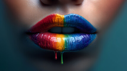 Vibrant lips adorned with rainbow colors showcasing artistic expression and creativity in a close-up shot
