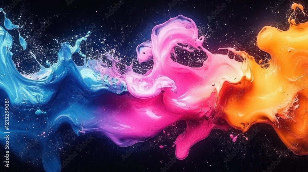 Poster vibrant dynamic abstract art with vivid paint splashes swirling in motion creating mesmerizing cosmi