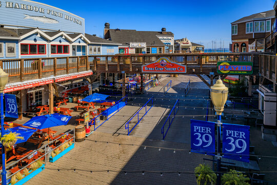 Empty Pier 39, famous tourist attraction, with its and shops in San Francisco