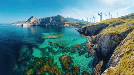 Obraz premium Coastal wind farm aerial view, clear ocean, sunny day