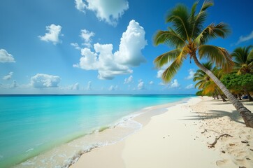 Fototapeta premium A serene beach with palm trees and turquoise water