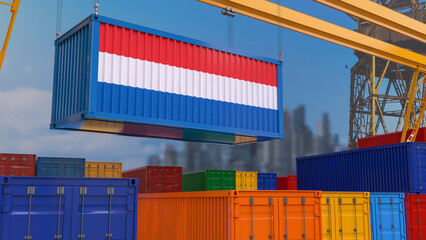 3D rendering of a shipping container with the Dutch flag suspended from a crane in a port dock.