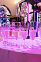 Champagne glasses on the table at the party