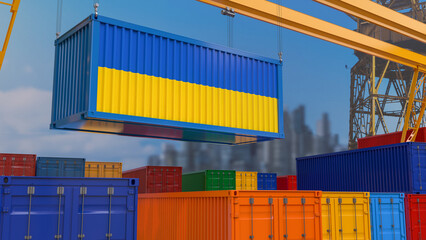 3D rendering of a shipping container with the Ukrainian flag suspended from a crane in a port dock.