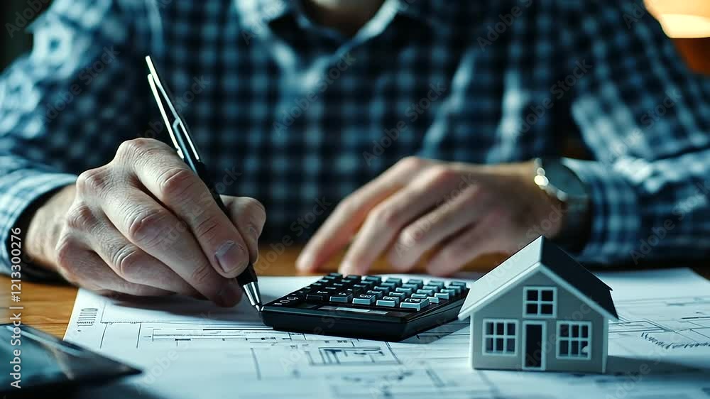 Poster an architect carefully examining a blueprint while using a scientific calculator, with a scale model