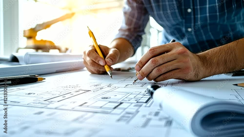 Poster an architect in a bright studio, standing over a table filled with blueprints, cost breakdowns, and 