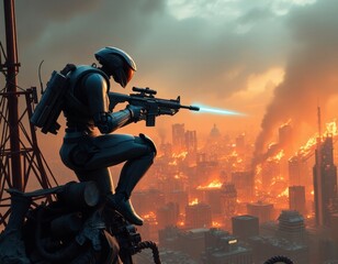 Fototapeta premium Futuristic Soldier in Fiery Ruins