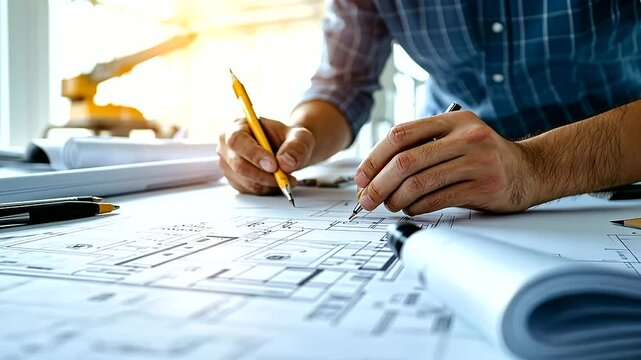 An architect in a bright studio, standing over a table filled with blueprints, cost breakdowns, and drafting tools, deep in thought.
