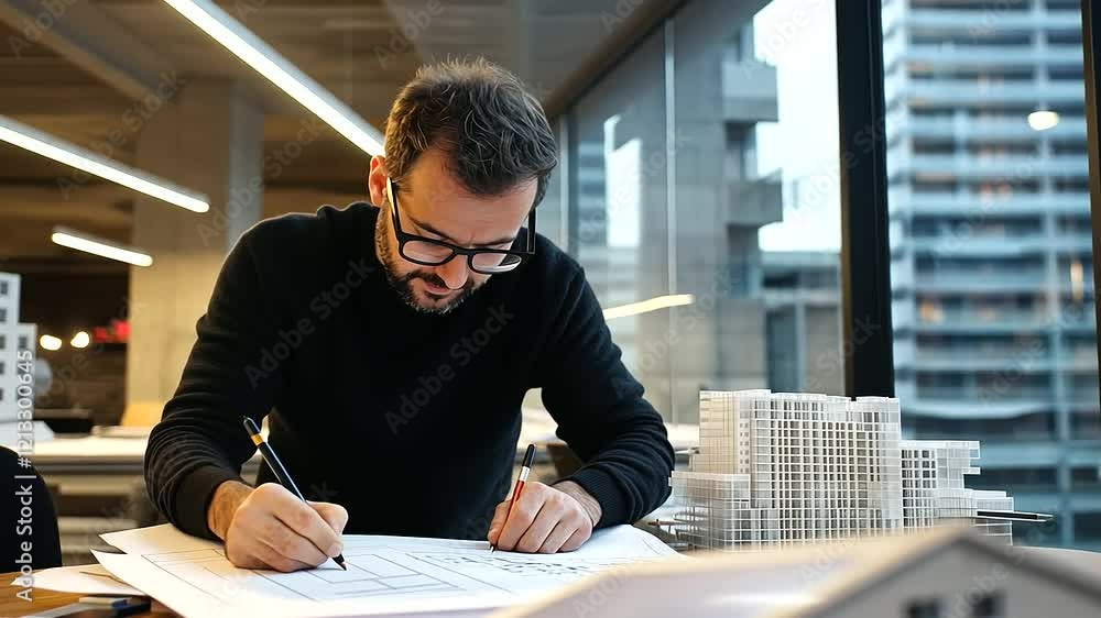 Poster an architect intently examining a blueprint, surrounded by cost analysis documents and a scale model