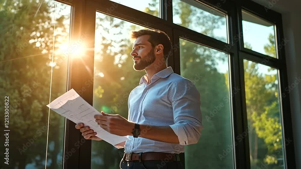 Poster an architect standing near a large window, comparing a house blueprint with construction cost estima