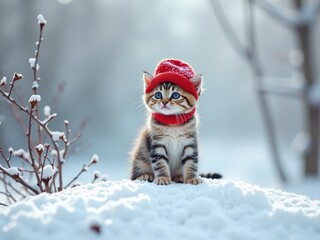 Adorable kitten in a red hat, playing in the snow