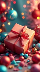 Fototapeta premium A beautifully wrapped gift, adorned with a red bow and nestled among festive Christmas ornaments