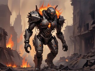 Fototapeta premium Armored Cybernetic Warrior in Flames