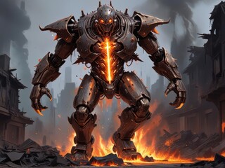 Futuristic Fighter in a Burning Cityscape