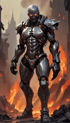 Fototapeta premium Cyber Warrior Standing Amidst Chaos