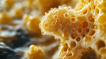 Golden porous structure bubbling in liquid, close-up