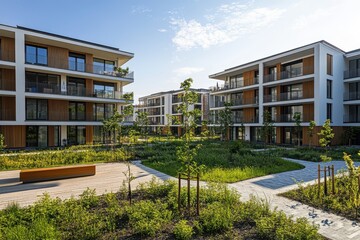 Fototapeta premium Modern apartment complex courtyard with lush landscaping. Ideal for real estate, architecture, or urban living concepts.