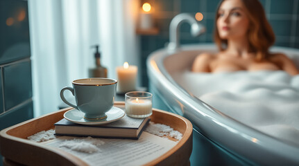 Woman Relaxing Bath Time with Coffee Cup, Book and Candles in Luxury Bathroom Interior, Peaceful Self Care Moment