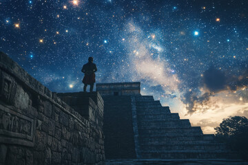 Fototapeta premium Starry night sky over ancient stone pyramid with solitary figure
