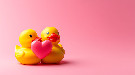 Cute yellow rubber ducks holding a pink heart toy on a bright pink background for love-themed decoration