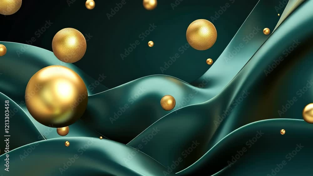 Poster fluid elegance of golden orbs dancing on deep teal waves in an abstract digital masterpiece. generat