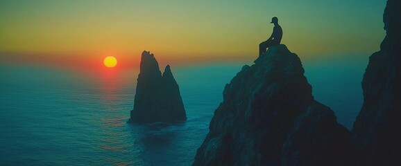 Silhouette of a person sitting on a cliff overlooking a sunset ocean.