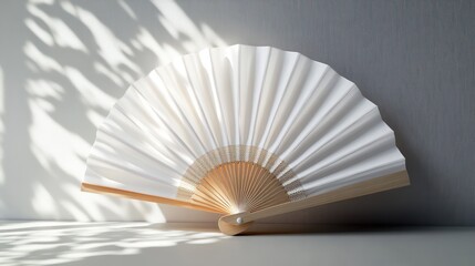 Elegant White Folding Hand Fan Minimalist Design on White Background