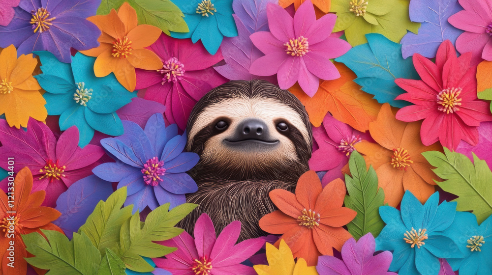 Poster sloth with flower, a sloth peeks out from a vibrant array of colorful flowers, creating a cheerful a