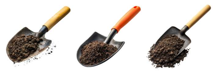Variety of Garden Shovels Full of Soil on Transparent Background