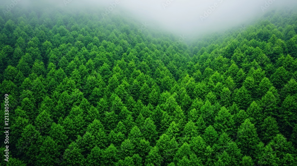 Poster lush green forest with misty atmosphere and dense tree coverage