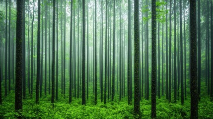 Misty Forest Landscape with Tall Trees and Lush Green Foliage