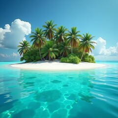 Tropical island paradise with white sand beach and palm trees