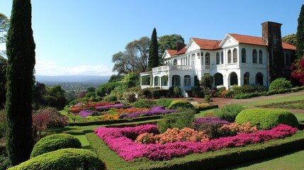 A garden with neatly trimmed bushes and colorful flower beds next to a veranda.
