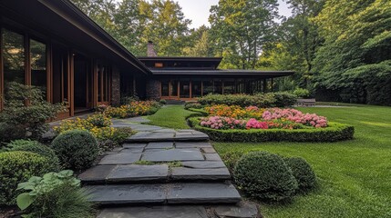 Obraz premium A garden with neatly trimmed bushes and colorful flower beds next to a veranda.