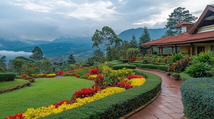 Naklejka premium A garden with neatly trimmed bushes and colorful flower beds next to a veranda.