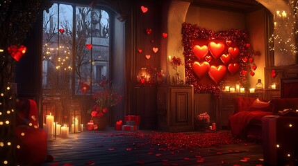 Luxurious valentine's day card with red hearts, stunning gifts, and a warm festive feel