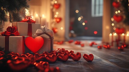 Luxurious valentine's day card with red hearts, stunning gifts, and a warm festive feel