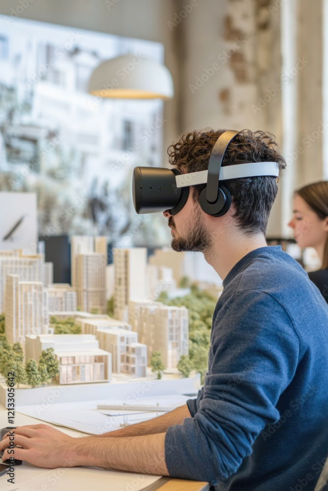 Poster architect using virtual reality headset exploring architectural model of residential complex