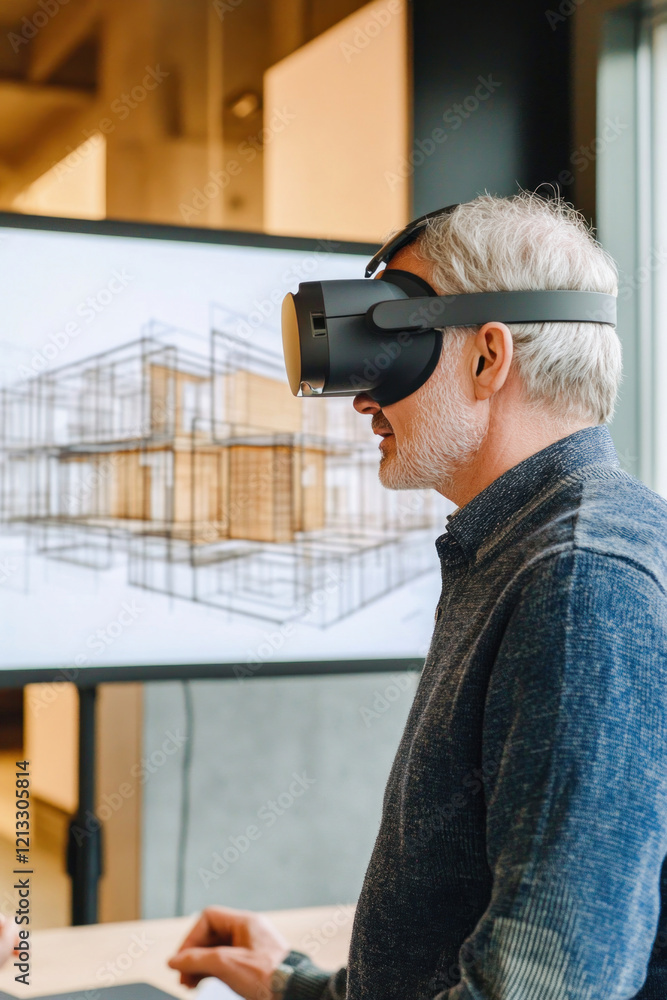 Poster senior architect using vr headset exploring 3d model of house
