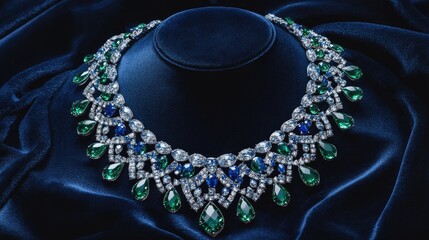 Fototapeta premium A radiant gemstone necklace with sapphire and emerald accents displayed on a dark navy velvet background.