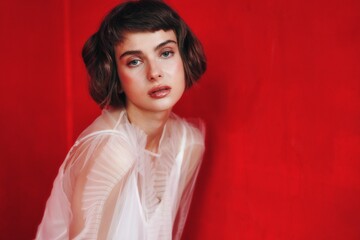 Model poses in a minimalist white outfit against a vivid red backdrop in a studio setting during a...