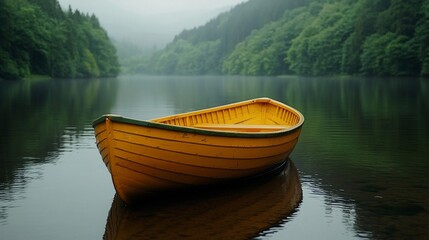 Obraz premium Yellow rowboat on calm lake, misty forest background.