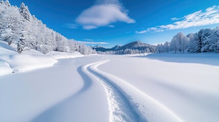 Snowshoeing trail through snowy landscape, winter mountains background, peaceful nature scene, ideal for travel brochures