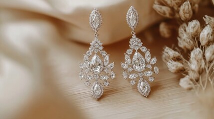 Fototapeta premium Beautiful diamond earrings with intricate patterns placed on a light wooden surface and neutral beige background.