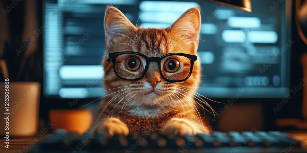 Poster cat coding on computer with glasses in home office cozy setting