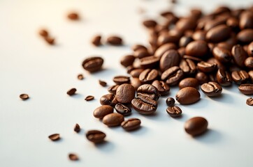Naklejka premium Roasted coffee beans on a white surface