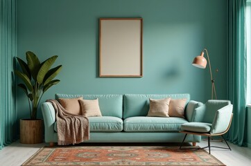 The room is furnished with a light blue sofa, a brown chair, and a large plant in a wooden pot