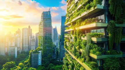 Obraz premium Green city skyscraper sunset sustainable architecture