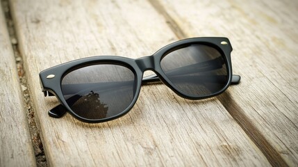Classic black wayfarer sunglasses with bold frames, resting on a wooden surface with a light beige background.