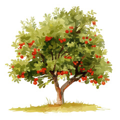 Fototapeta premium Sugarberry Tree with Fruit – Watercolor Illustration, Botanical Art, Fruit-bearing Tree Painting, Nature-inspired Artwork, Lush Watercolor Tree with Fruits 